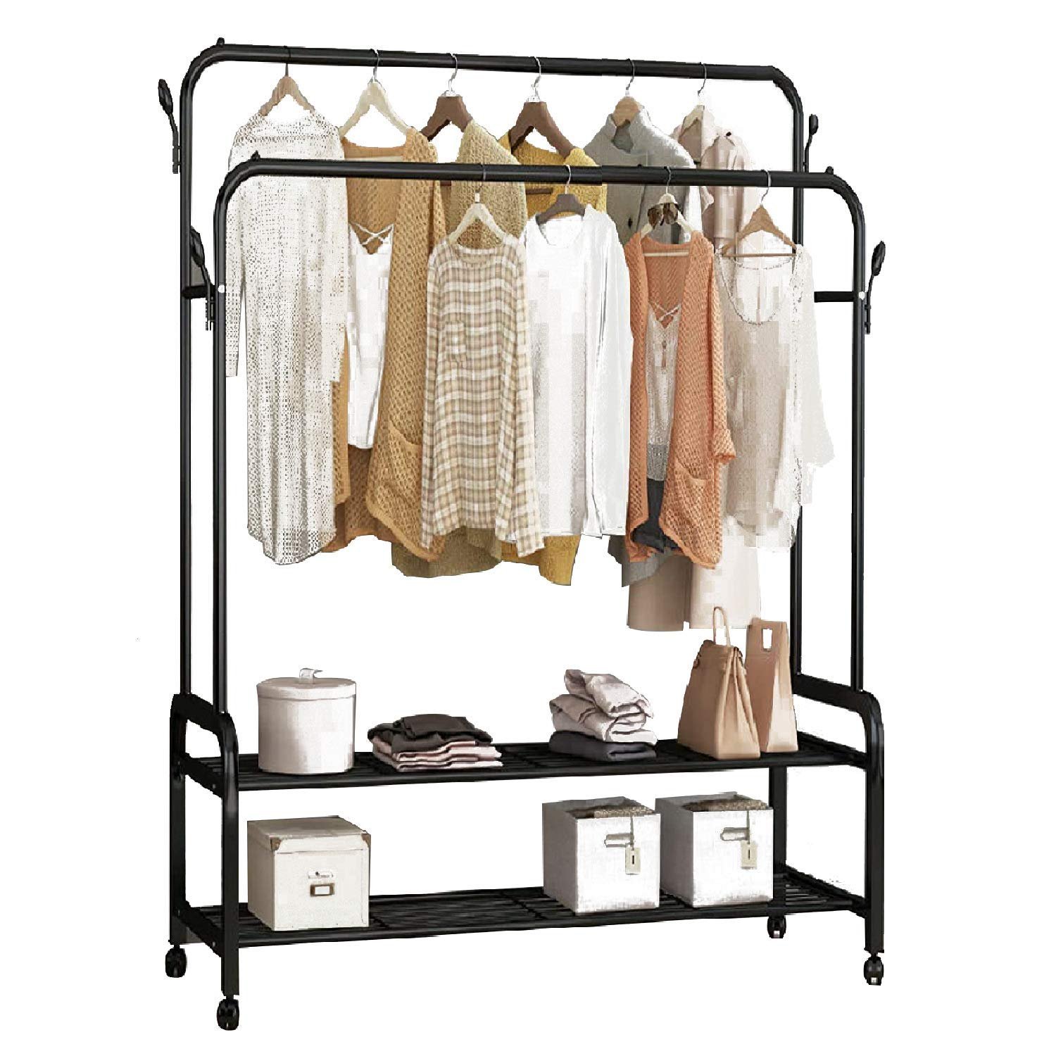 ADA Multipurpose Dual Rod + Wheels Garments Rack with Top Rod and